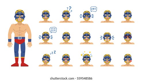 Big set of luchador emoticons. Wrestler avatars showing different facial expressions. Happy, sad, smile, laugh, cry, surprised, dizzy, serious, angry and other emotions. Simple vector illustration