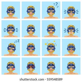 Big set of luchador emoticons. Wrestler avatars showing different facial expressions. Happy, sad, smile, laugh, cry, surprised, dizzy, serious, angry and other emotions. Simple vector illustration