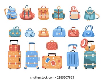 Big set of luggage for comfortable trip. 20 various bags, suitcases and backpacks  for stickers, web design, social media and advertisement. Tourism day. Hand drawn cartoon flat vector illustration