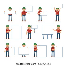 Big set of lumberjack characters posing with different blank banners. Cheerful woodcutter holding paper, poster, placard, pointing to whiteboard. Teach, advertise, promote. Simple vector illustration