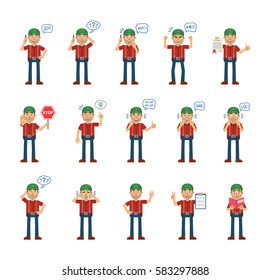 Big set of lumberjack characters showing different actions, gestures, emotions. Cheerful woodcutter talking on phone, holding stop sign, book and doing other actions. Simple vector illustration