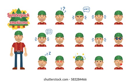 Big set of lumberjack emoticons. Woodcutter emojis showing different facial expressions. Happy, sad, smile, laugh, surprised, serious, cry, tired, angry and other emotions. Simple vector illustration
