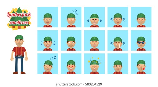 Big set of lumberjack emoticons. Woodcutter emojis showing different facial expressions. Happy, sad, smile, laugh, surprised, serious, cry, tired, angry and other emotions. Simple vector illustration