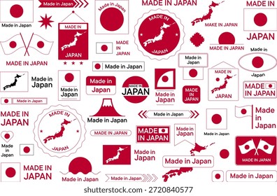 Gran conjunto de etiquetas hechas en Japón en colores nacionales en diseño de estilo plano para varios usos