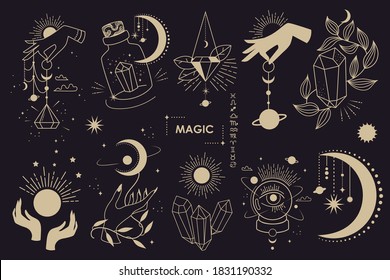 Big set of magic and astrological symbols. Mystical signs, silhouettes, zodiac signs, tarot cards. Vector illustration. Witchcraft art. Stickers, banner, decorations. Esoteric aesthetics. Hand drawn.