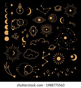 Big set of magic and astrological symbols. Mystical signs, silhouettes, zodiac, tarot cards. Vector illustration