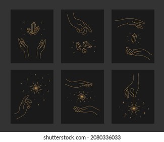 Gran juego de cartas mágicas con estrellas de mano y cristales. Paneles minimalistas de moda para el diseño de cosméticos, joyas y productos hechos a mano.