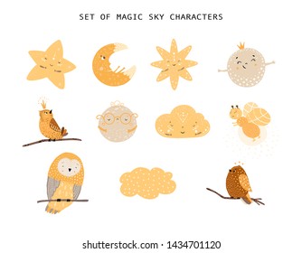 Big set of magic cartoon sky forest animals and planets and stars. Cute handdrawn kids clip art collection. Vector illustration