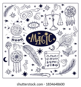 Big Set Magic Doodle. Dream Catcher, Federn, Kristalle, Zauberkugel . Vektorclip-Kunst-Hexerei-Symbole. Einzige Objekte auf weißem Hintergrund.