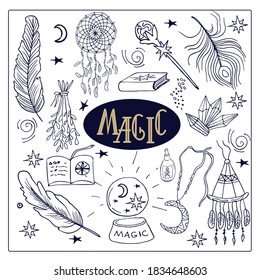Big set Magic doodle. Dream Catcher, feathers, magic book, dried herb. Vector clipart witchcraft icons. Isolated object on a white background.
