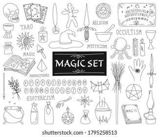 BIG SET OF MAGIC ITEMS ON A WHITE BACKGROUND IN VECTOR