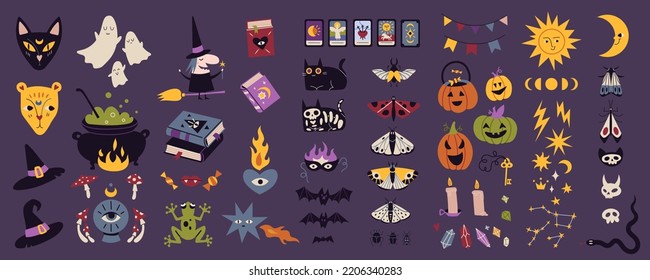 Big set with magic occult things, cartoon style. Witchcraft, withcore aesthetic. Happy Halloween. Trendy modern vector illustration, hand drawn, flat design.