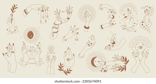 Big set of magical hands.Trendy linear minimal style woman hands holding different magical items.Esoteric and mystical design elements.Magic, wizardry and fortune-telling,witchcraft.Vector