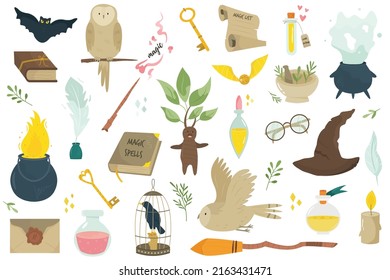 Big set of magical icons and items. Vector illustration. Flat design