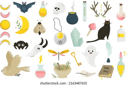 Gran conjunto de íconos mágicos, mago, caracteres y elementos. Ilustración vectorial en un estilo plano