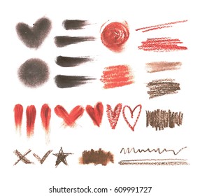 Große Auswahl an Make-up-Tools, Textur. Lipstick, Augenbrauenstift und Schatten. Natürliche Texturen und rote braune Farben. Fashion-Kosmetik-Textur-Set.