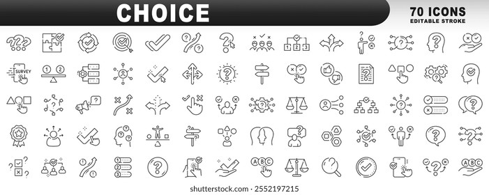 Big set of making choice related line icons. Survey, checklist, feedback, option, accept, arrow, way etc. Editable stroke