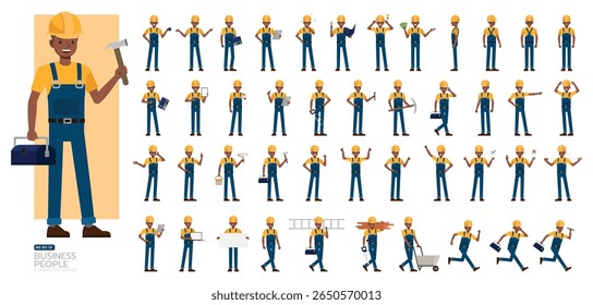 Big Set of male African American construction worker character vector design. Man working and presentation in various action.