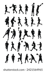 Big set of male basketball players silhouettes, athletes runners. Basketball, athletics, running, cross, sprinting, jogging