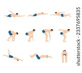 Big Set of Male swimmer character vector design. Presentation in various action with emotions, running, standing and walking.