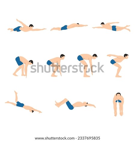 Big Set of Male swimmer character vector design. Presentation in various action with emotions, running, standing and walking.