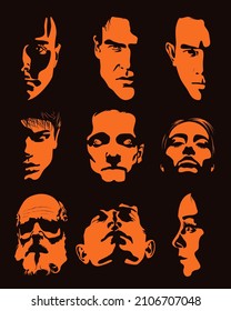 Big set of Man Face silhouette in contrast backlight. Vector. Illustration.	