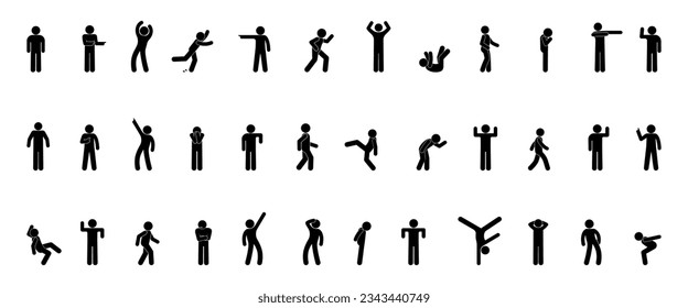 big set of man icons, people silhouettes, various human postures and gestures
