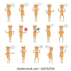 Big set of man in reindeer costume showing different actions. Cheerful reindeer mascot talking on the phone, holding stop sign, loudspeaker, document and doing other actions. Flat vector illustration