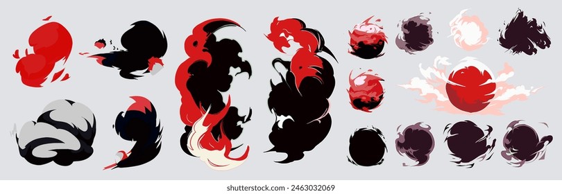 Big set of manga visual vector cartoon effects of smoke and fire blast in red and black colors. Perfect for animation design, anime CG game art, etc.