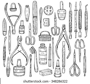Big set of manicure equipment including 34 tools: scissors, cuticle nipper, nail files, nail polish, nail clippers, pushers etc. Hand drawn vector manicure collection