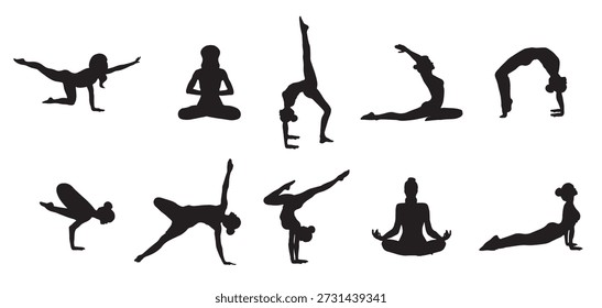 Gran conjunto de muchas chicas diferentes hacen yoga en diferentes siluetas
