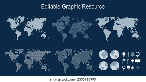 Big set of maps and globes. Pins collection. Different effects. Dotted map and globes set. World or earth map. earth hemispheres with continents. Transparent Vector illustration.