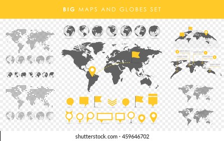 Big set of maps and globes. Pins collection. Different effects. Transparent Vector illustration. svg