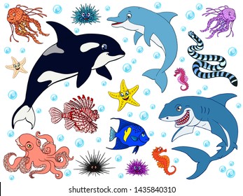 Big set marine animals color on a blue background isolated. Dolphin, octopus, lionfish, shark, jellyfish, sea horse, star, hedgehog, serpent, killer whale and angel fish. Vector cartoon illustration