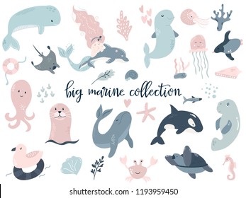 Big set of marine animals and mermaid. dolphin, orca, whale, turtle, beluga, seal, sea-cow, octopus, skate, jellyfish, penguin. Perfect for baby prints