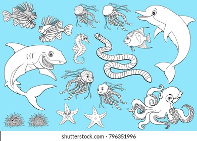 Big set marine animals separately on a blue. Dolphin, sea horse and octopus, arabian angel, starfish, and sharke, lionfish and serpent. Vector cartoon illustration, manual sketch, page coloring book.