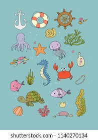 Big set of marine. Sea theme. Cute cartoon turtle starfish, funny fish, jellyfish and sea horse, seaweed and a bottle with a note. Vector.