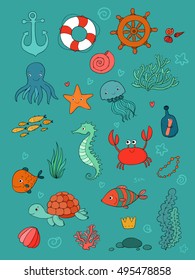 Big set of marine. Sea theme. Cute cartoon turtle starfish, funny fish, jellyfish and sea horse, seaweed and a bottle with a note. Vector.