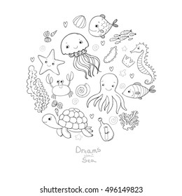 Big set of marine. Sea theme. Cute cartoon turtle starfish, funny fish, jellyfish and sea horse, seaweed and a bottle with a note. Vector.