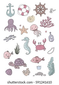 Big set of marine. Sea theme. Cute cartoon turtle starfish, funny fish, jellyfish and sea horse, seaweed and a bottle with a note. Vector.