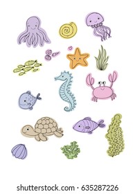 Big set of marine. Sea theme. Cute cartoon turtle starfish, funny fish, jellyfish and sea horse, seaweed and a bottle with a note. Vector.