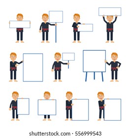 Big set of martial artist characters posing with different blank banners. Cheerful karate man holding paper, poster, placard, pointing to whiteboard. Teach, advertise. Simple vector illustration