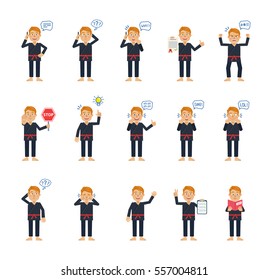 Big set of martial artist characters showing different actions, emotions, gestures. Cheerful karate man talking on phone, holding stop sign, book and doing other actions. Simple vector illustration