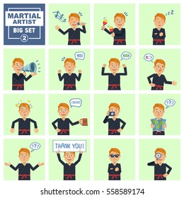 Big set of martial artist emoticons showing different actions, gestures, emotions. Cheerful karate man singing, sleeping, holding loudspeaker, map and doing other actions. Simple vector illustration