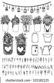Big set of mason jars and wild flowers for design element for wedding cards, gift card, Valentines card and so on. Stock Vector