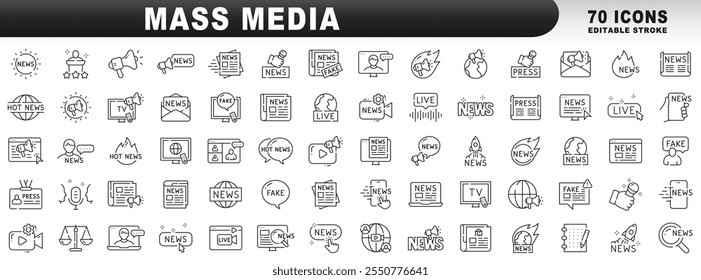 Grande conjunto de ícones de linha relacionados à mídia de massa. Notícias, imprensa, notícias ao vivo, tv etc. Traçado editável