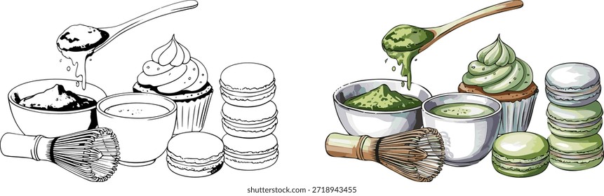 Gran juego de té verde matcha, comida y accesorios. Conjunto de polvo de matcha, cuchara de madera y batidor, té verde y taza posterior, cupcake, macarrones, Ilustración vectorial de bosquejo sobre fondo blanco.