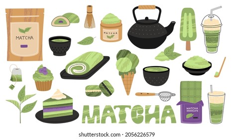 Big set of matcha tea. Various sweets, cakes, ice-cream and accessories for ceremony, ceramic and wooden dishes. Hand drawn vector illustration isolated on white background. Modern flat cartoon style.