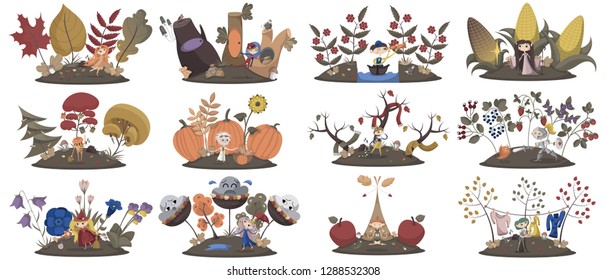 Big set of meadows with different characters,  plants and natural details and other objects. Pastel colours, white background, flat cartoon style vector illustration.