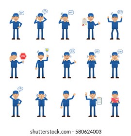 Big set of mechanic characters showing different actions, gestures, emotions. Cheerful worker talking on phone, holding stop sign, reading a book and doing other actions. Simple vector illustration